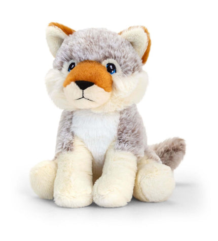 Beige and white wolf cuddly toy.