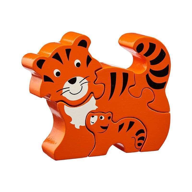 Orange coloured wooden tiger and cub jigsaw puzzle for little kids.