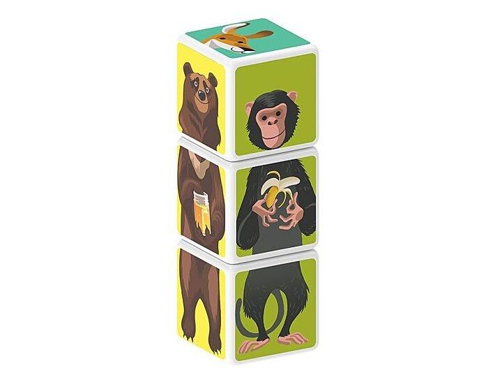 3 cubes stacked with a picture of a monkey on one face.
