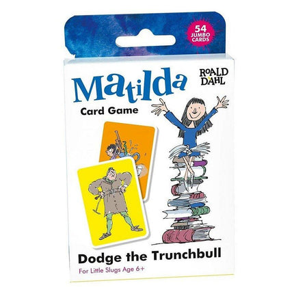 White box with blue at the top and an illustration of Roald Dahl's Matilda sitting on top of a pile of books with her arms up.