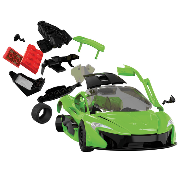 Pieces making up the McLaren green Airfix Quickbuild car.