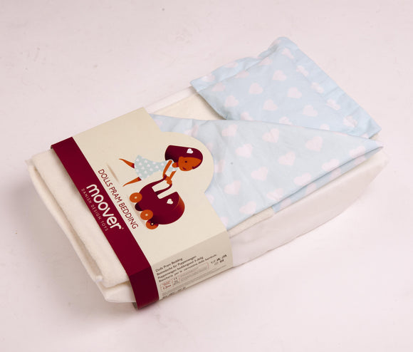 Dolls' pram bedding with pale blue and white love-hearts