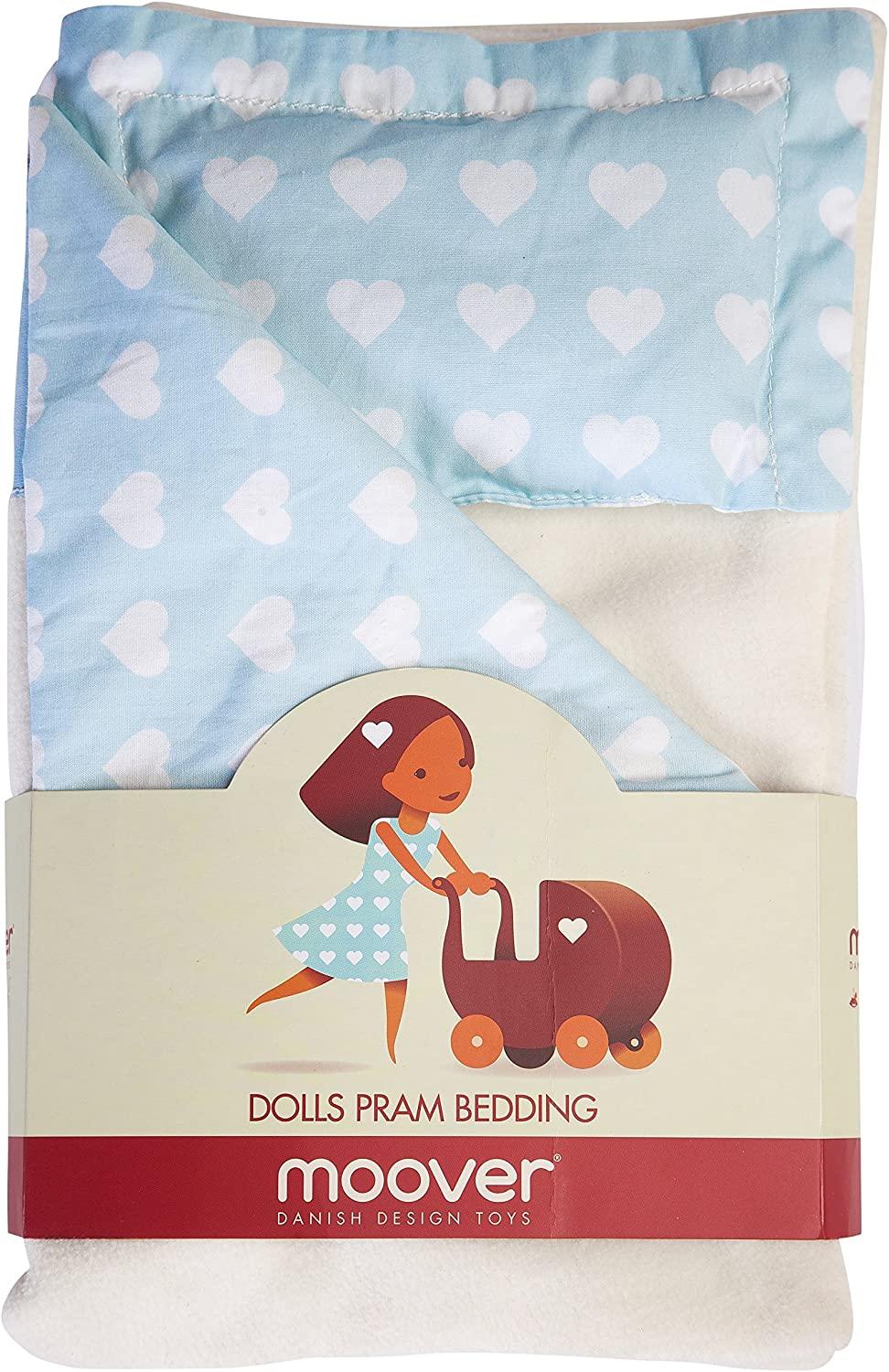 Image showing blue and white heart-patterned dolls pram bedding.