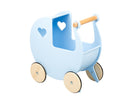 Three-quarter view of pale blue Moover dolls pram.