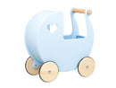 Side view of pale blue wooden dolls pram with natural wood coloured wheels.