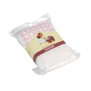 Patterned doll's pram bedding in pale pink with white hearts.