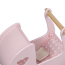 Segment of pink Moover pram with pink bedding set.