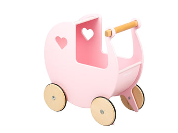 Side-on view of a pink Moover doll's pram