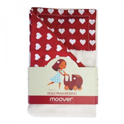 Red and white love-heart patterned dolls' pram bedding.