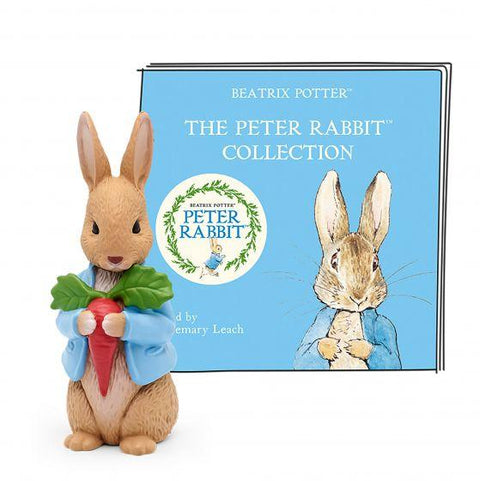 Peter Rabbit figure in front of  square packaging for the Tonie.