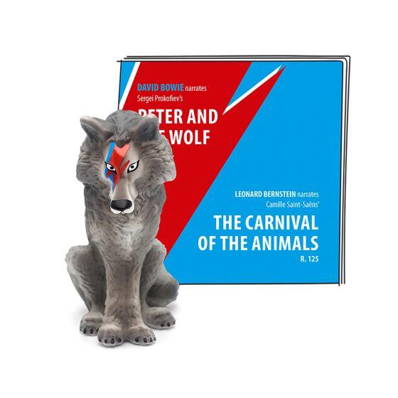 Wolf figure with blue flash sitting in front of the Classical Music Tonie pack.