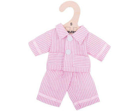 Pink striped dolls pyjamas on a hanger.