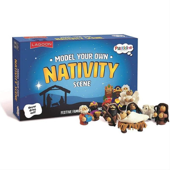 Blue packaging box with plasticine nativity figures right foreground.