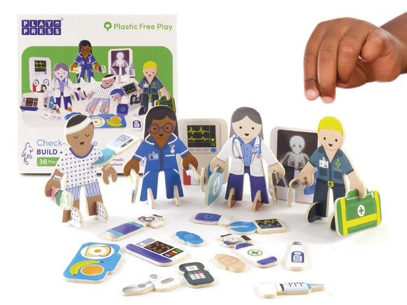 Cardboard Medical Team Play pieces showing medical staff and 1 patient.