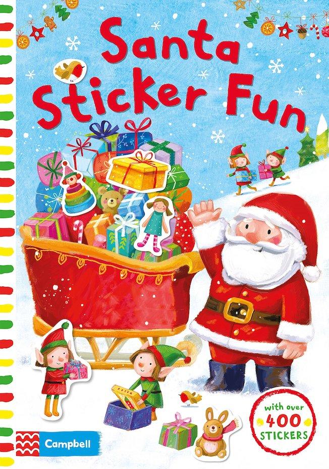 Colourful book cover with Santa dressed in red and white standing beside a red sleigh full of presents. White snow and blue sky in the background.