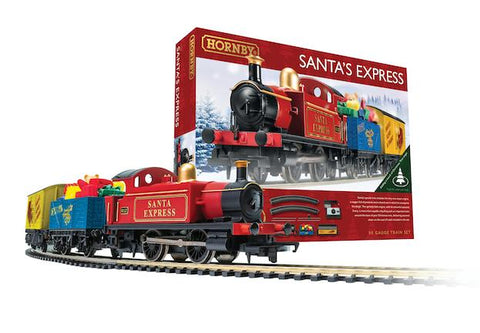 Santas Express model railway with train coming round from the left of the box that sits at an angle.