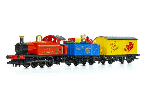 Three carriage train set with a red engine, blue mid carriage with toys inside and a yellow carriage at the rear.