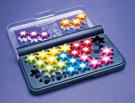 IQ Stars by Smart Games is an engaging puzzle game with star-shaped pieces in purple, yellow, red, green, light blue, and pink. Set against a purple background on a black board with matching slots, it offers fun challenges to enhance cognitive skills.