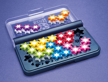 IQ Stars by Smart Games is an engaging puzzle game with star-shaped pieces in purple, yellow, red, green, light blue, and pink. Set against a purple background on a black board with matching slots, it offers fun challenges to enhance cognitive skills.