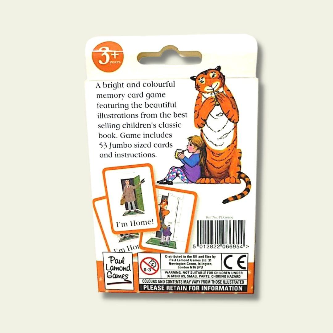 Reverse of The Tiger Who Came to tea jumbo emory card game. With the wording: "A bright and colourful memory card game featuring the beautiful illustrations from the best-selling children's classic book. Game includes 53 jumbo cards and instructions".