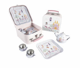 Decorative case and contents laid out showing tin tea set with cups saucers and spoons.