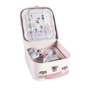 Carry case showing tin tea set inside.