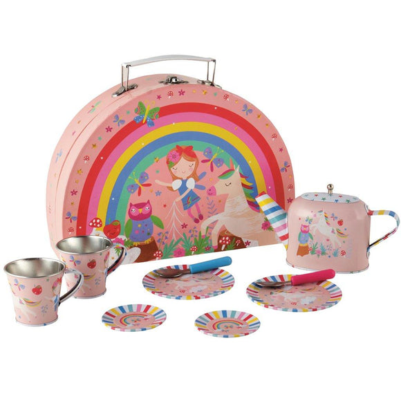 Rainbow-shaped carry case with tin tea set inside.