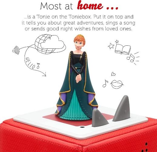 Figure of Anna from Frozen ont he top of a red Toniebox sound player.