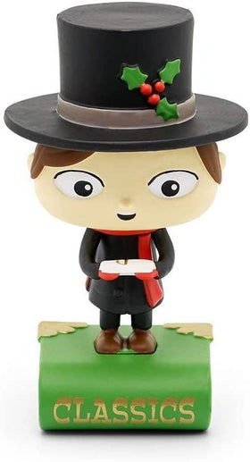 Tiny Tim figure wearing black clothes and a large black top hat standing on a green book with the word 'Classics'.