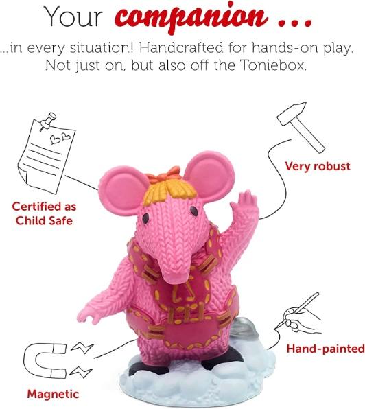 Pink Clangers Toniebox figure with a description of how the Tonie system works.