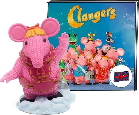 Pink Clangers figure with one hand in the air and a booklet behind with an image of a group of Clangers.