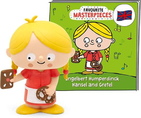 Cartoon figure of a young girl with yellow hair in pigtails holding a brown biscuit and a pretzel.