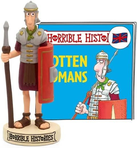 Roman gladiator figure wearing a helmet and holding a red shield and long stick. Standing on top of a box reading 'Horrible Histories'.