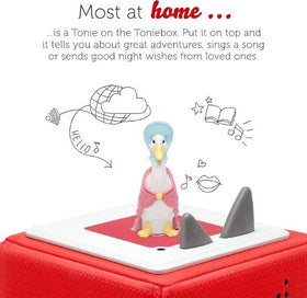 White Jemima Puddleduck figure wearing a pink cape, blue hat. She is placed on top of a red Toniebox.