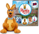 Brown curly kangaroo character 'Monty' wering a light blue bow-tie.