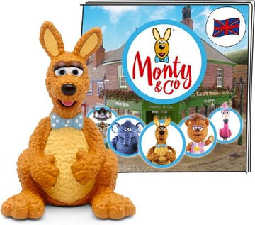 Brown curly kangaroo character 'Monty' wering a light blue bow-tie.