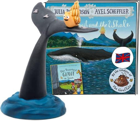 Whale tail with a light brown snail figure on top. The booklet for the Snail & The Whale Tonie is behind.