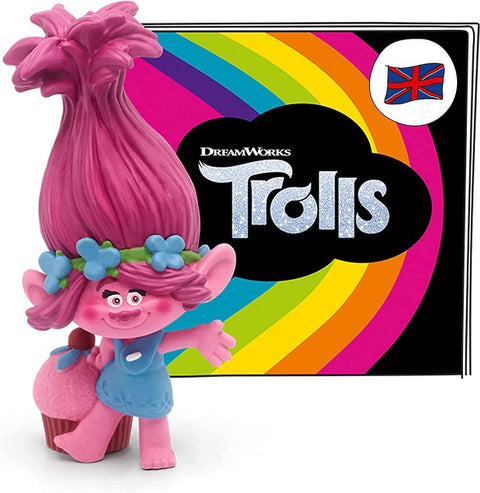 Pink Troll Poppy figure with the colourful Tonie Trolls booklet behind.