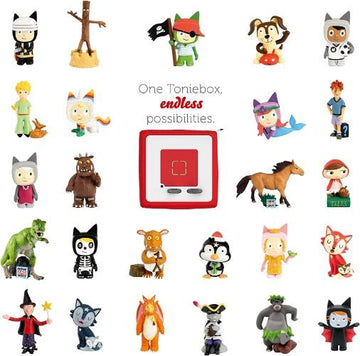 Illustration showing a large number of different Tonie figures available.