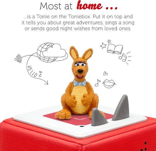 Curly, seated Kangaroo figure on top of a Toniebox.