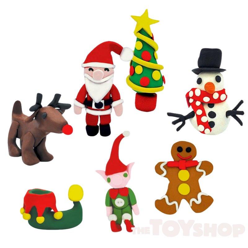 A selection of plasticine figures incluing a reindeer, santa, elf, xmas tree and gingerbread man.