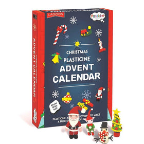 Box containing plasticine advent calendar with some of the plasticine models in front.