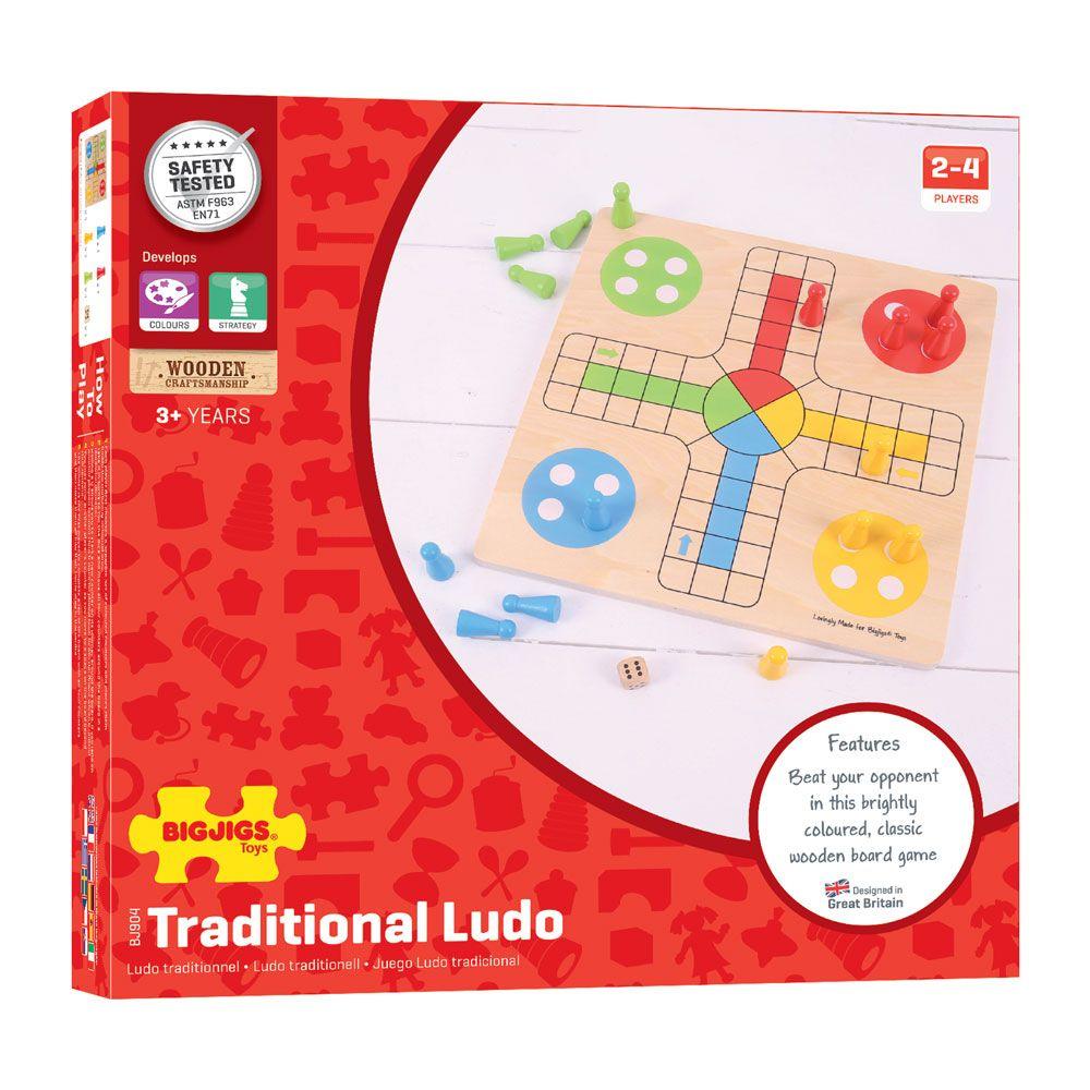 Red cardboard packaging box containing the Ludo game.