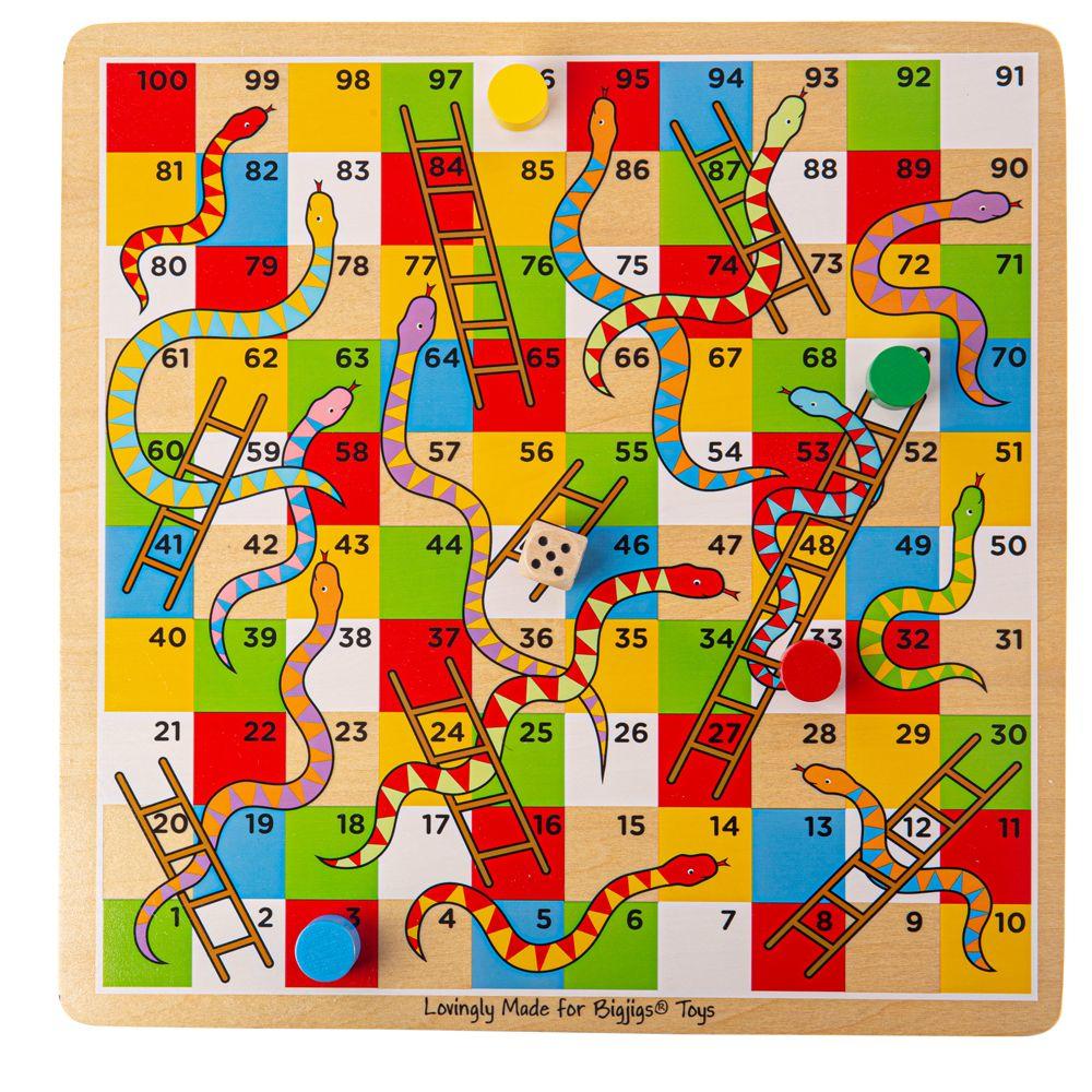 Colourful, wooden snakes and ladders board game.