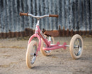 Pink Trybike in front of a corrugated iron fence.