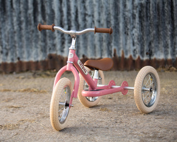 Pink Trybike in front of a corrugated iron fence.