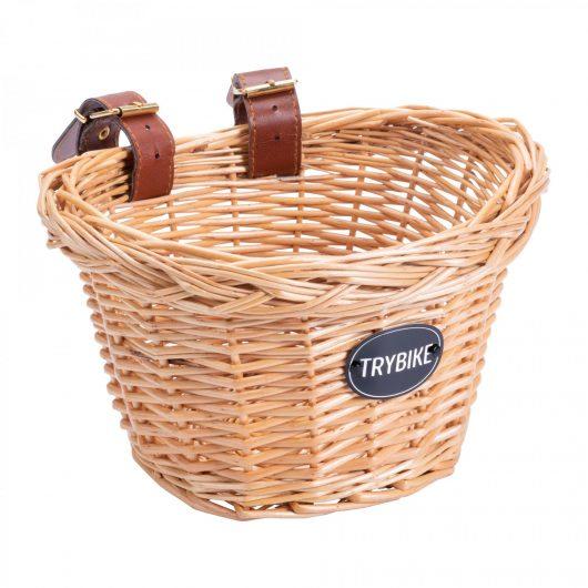 Wicker basket with Trybike logo for the front of a Trybike.