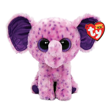 Pink, seated elephant soft toy.