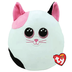 White oval-shaped, cuddly cat-like toy with pink ears.