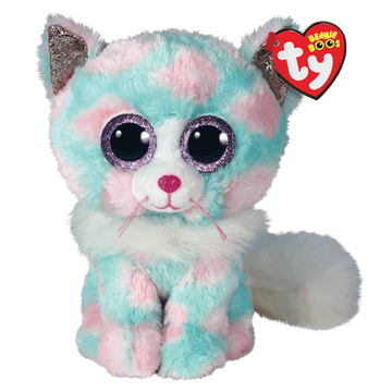 Pastel coloured sitting cuccly cat toy with large sparkly eyes.